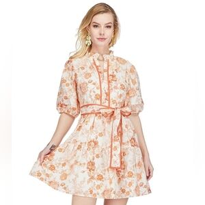 Joy Joy Rust Orange Floral Mini Dress Belted Puff Sleeves Size L Austin Style